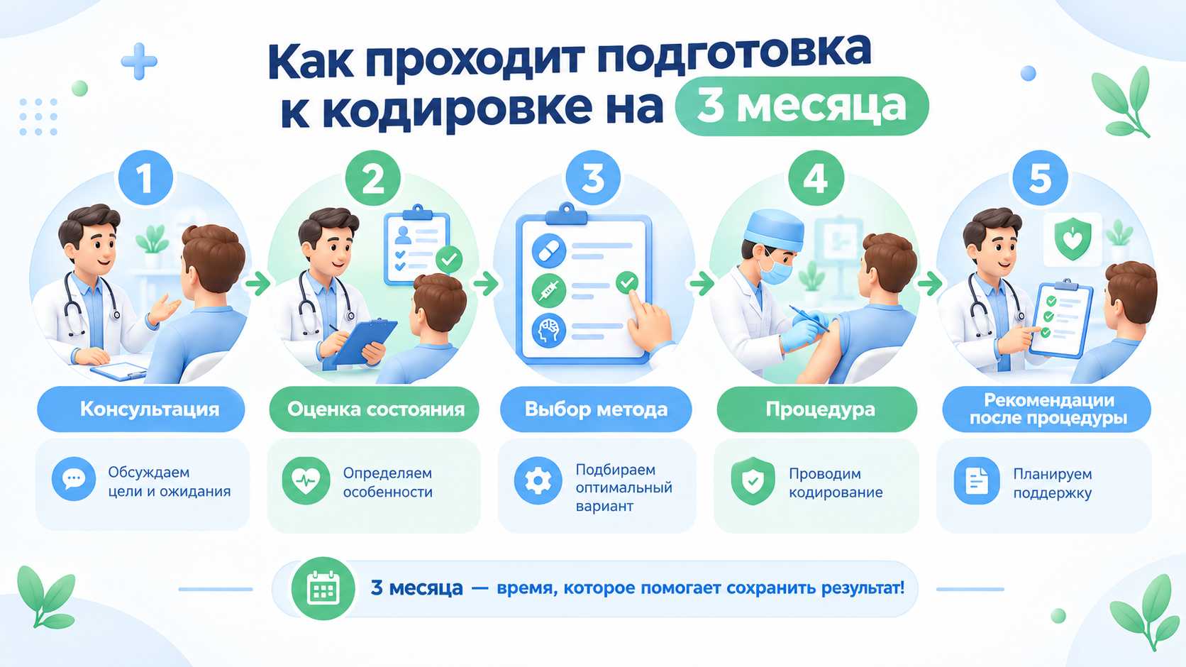 Инфографика с пятью этапами подготовки к кодировке на 3 месяца: консультация, оценка состояния, выбор метода, процедура и рекомендации после процедуры.