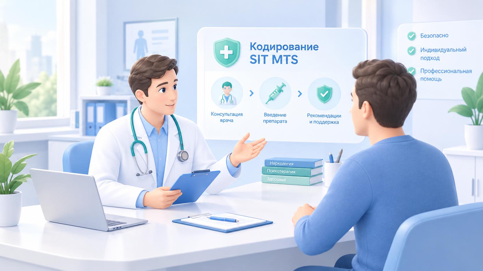 Консультация врача перед кодированием от алкоголизма методом SIT MTS: врач-нарколог обсуждает с пациентом этапы процедуры и рекомендации по соблюдению трезвости.